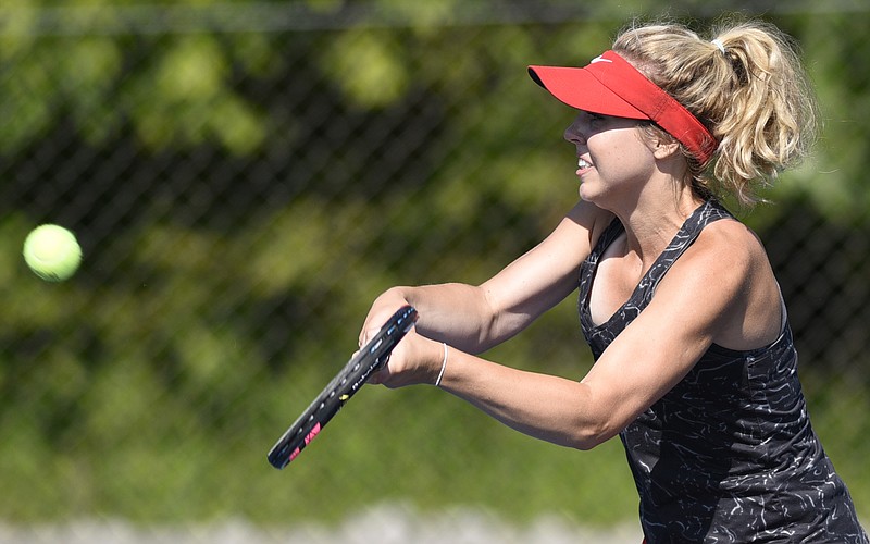 Signal Mountain's Sarah Kate Bailey returns the ball.  Bailey and teammate Grace Williams won the state title over L&N STEM's Abbey Lee and Arnani Hall.   The finals of the TSSAA Spring Fling tennis tournament was held at the Adams Tennis Complex in Murfreesboro, Tenn. on May 25, 2018.