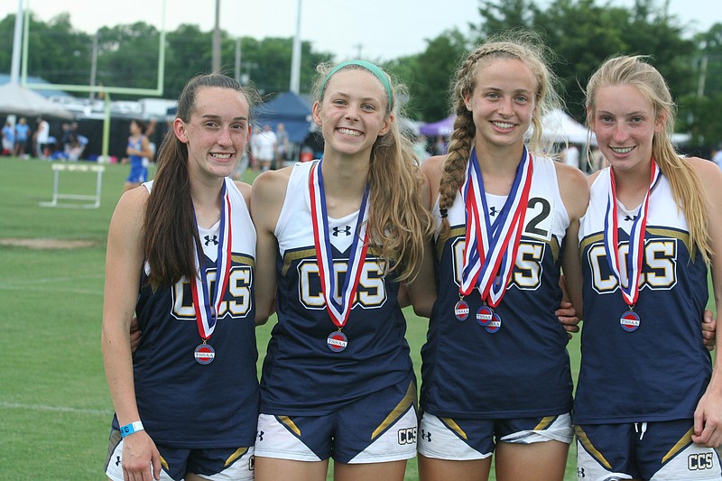 The Chattanooga Christian 4x200 girls' relay team of Anslee McGlocklin, Olivia Hoffman, Laura Beth Turner and Sarah O'Shea, from left, won the Division II-A state championship Friday at Murfreesboro.