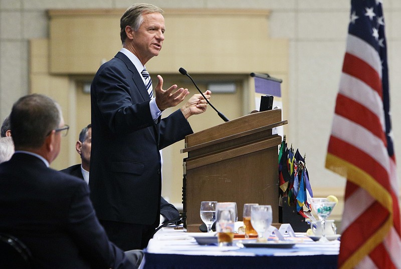 Gov. Bill Haslam speaks during the Chattanooga Rotary Club meeting Thursday, Aug. 24, 2017, at the Chattanooga Convention Center in Chattanooga, Tenn. Haslam spoke about health care and education among other topics during the event.