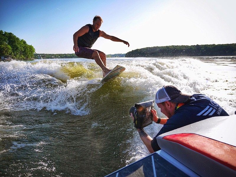 Competitors in Saturday morning's surf contest on Lake Chickamauga will ride waves created by a Heyday WT-Surf boat. (Contributed image from Erwin Marine Sales)