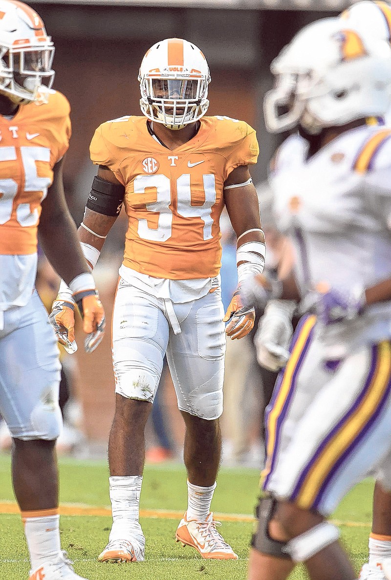 Darrin Kirkland Jr. (34) plays middle linebacker for Tennessee.  The Tennessee Tech Golden Eagles visited the Tennessee Volunteers in NCAA football action at Neyland Stadium in Knoxville on November 5, 2016.