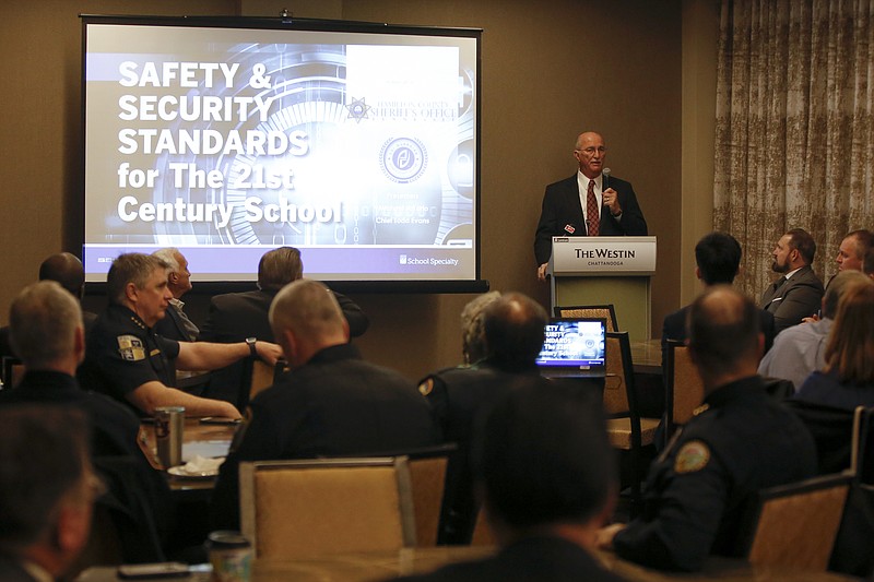 Hamilton County Sheriff Jim Hammond speaks at a school safety forum in April. Hammond talked with Hamilton County commissioners Wednesday about adding more resource officers in county schools.