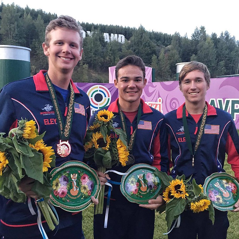 Team USA skeet shooters Eli Christman, Nic Moschetti and Elijah Ellis, from left, won the bronze medal together at the 2017 ISSF World Championships in Moscow, Russia. That was the year Christman graduated from Soddy-Daisy High School.