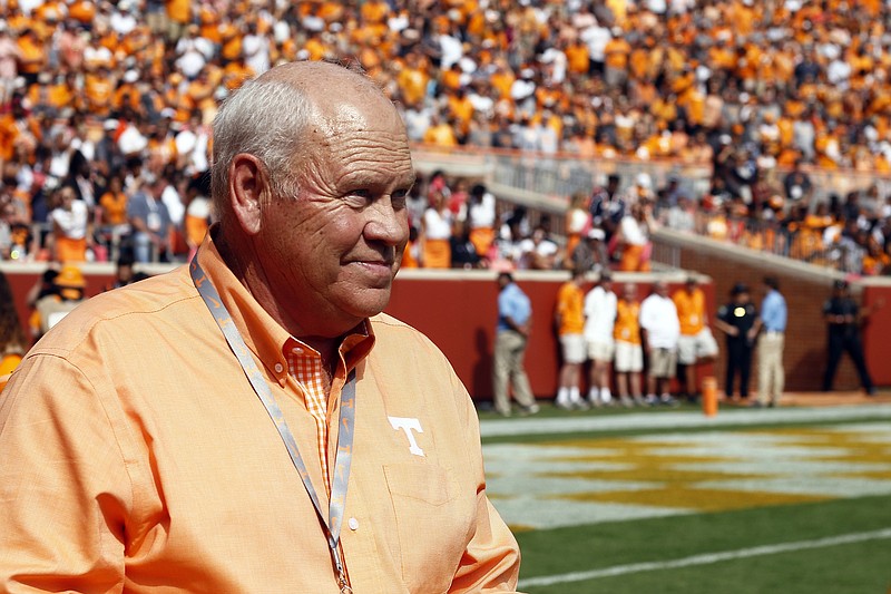 Former Tennessee head coach, Phillip Fulmer, is seen an NCAA college football game between Tennessee and South Carolina Saturday, Oct. 14, 2017, in Knoxville, Tenn. (AP Photo/Wade Payne)
