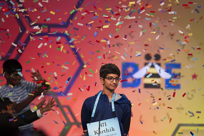 Karthik Nemmani, 14, from McKinney, Texas, wins the Scripps National Spelling Bee in Oxon Hill, Md., Thursday, May 31, 2018. (AP Photo/Cliff Owen)