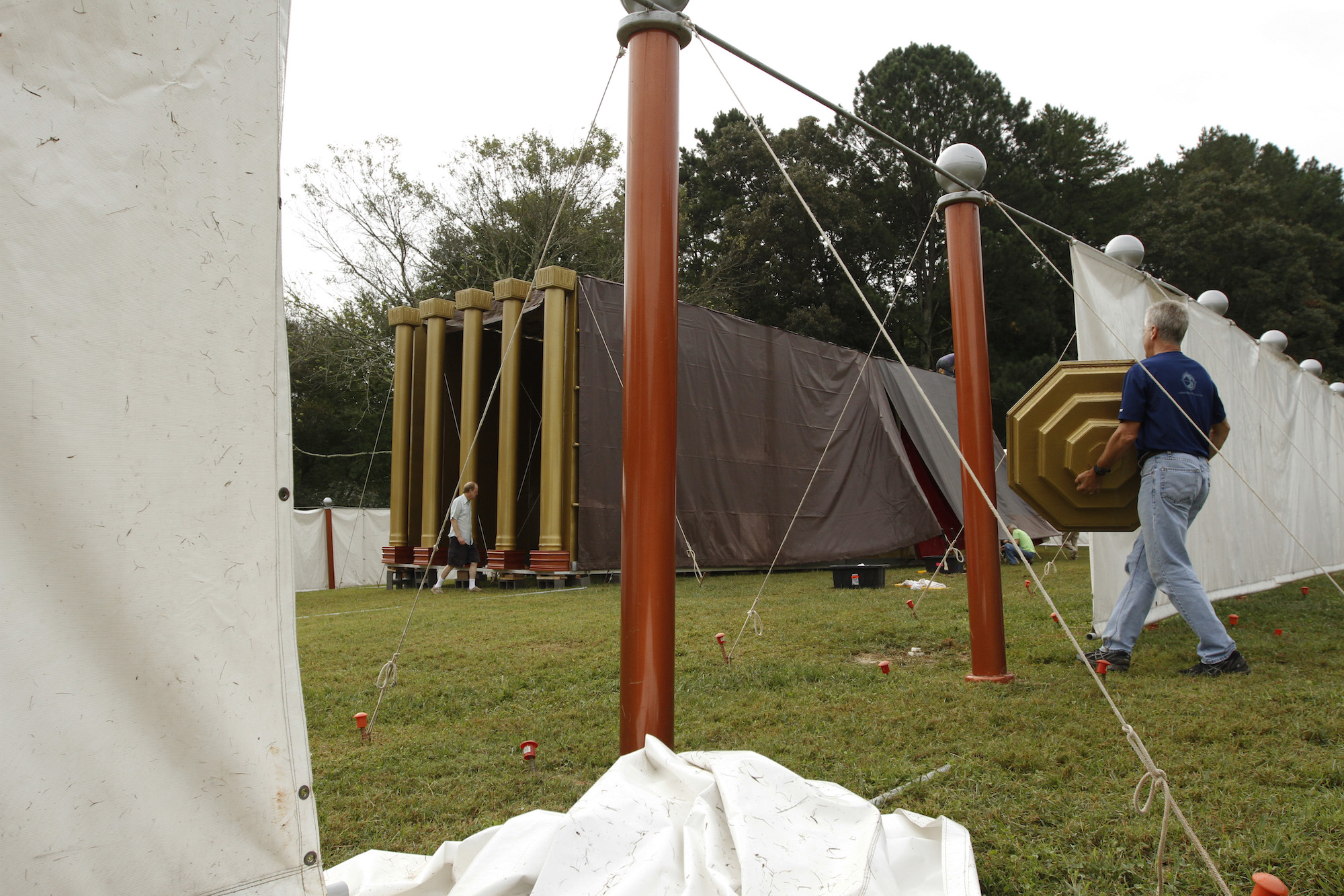 Messiah's Mansion is constructed on-site. It is a full-scale model of the sanctuary built in the wilderness by Moses and the children of Israel more than 3,000 years ago. The courtyard curtain is made of white linen and hung on 60 pillars made of wood and overlaid with brass.