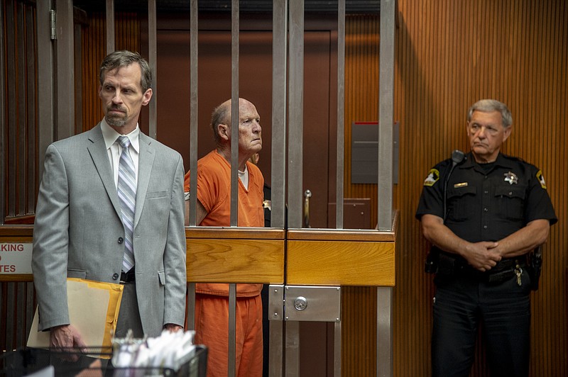 Defense attorney Joe Cress stands next to his client Joseph James DeAngelo appears in Sacramento Superior Court, Friday, June 1, 2018, in Sacramento, Calif. 