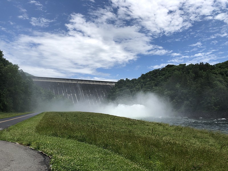 Water flows through spillway tunnels at Fontana Dam, the tallest U.S. dam east of the Mississippi River
