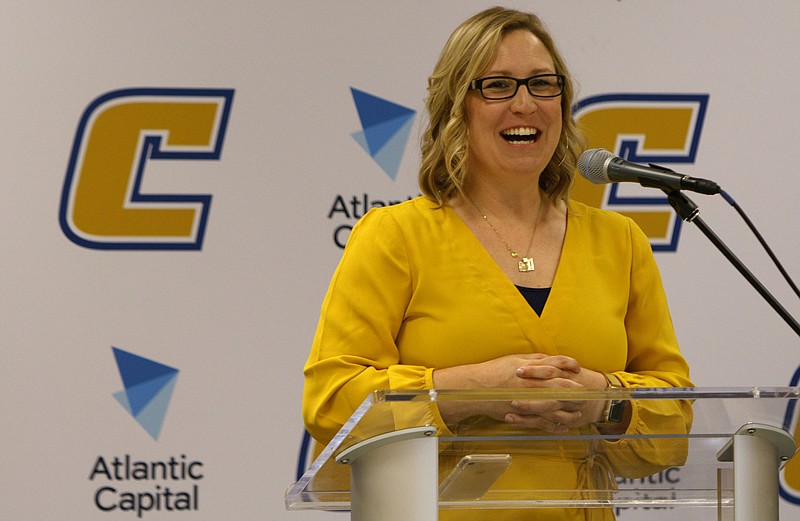 New women's basketball head coach Katie Burrows speaks press conference in the Chattanooga Rooms at the University Center on the campus of the University of Tennessee at Chattanooga on Friday, June 1, 2018 in Chattanooga, Tenn.