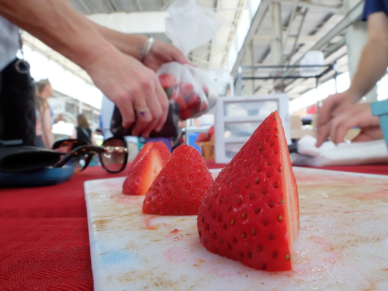 Sample cuts of strawberry await taste-testing Sunday during the Chattanooga Market's Strawberry Festival inside the First Tennessee Pavilion.