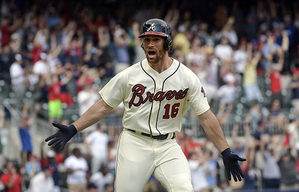 Atlanta Braves' Charlie Culberson scores on a single by Dansby Swanson  during the fourth inning of a baseball game against the San Diego Padres on  Tuesday, June 5, 2018, in San Diego. (