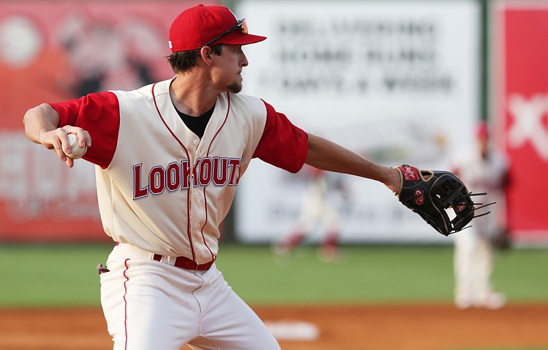 Lookouts third baseman Ryan Walker throws the ball to first Monday, June 4, 2018 during the Chattanooga Lookouts vs. Mobile game at AT&T Field in Chattanooga, Tennessee.