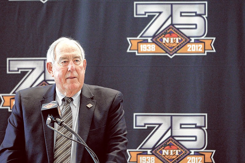 In this March 26, 2012, file photo, C.M. Newton speaks during a news conference ahead of the 75th Anniversary NIT Championship at Madison Square Garden in New York. Officials at Alabama and Kentucky say that Hall of Fame former administrator and basketball coach C.M. Newton has died. He was 88. The schools announced his death Monday, June 4, 2018. (AP Photo/Mary Altaffer, file)