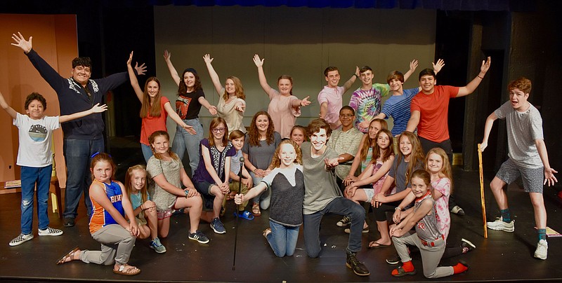 The cast of "Willy Wonka Jr." includes. kneeling foreground, Henley Green and Keenan Pasqua. Kneeling middle row, from left, are Charlotte Ledford, Blake Williams, Caleigh Jackson, Olivia Akers, Bennett Owen, Emily Hunk, Madison Shelton, Stone Roberts, Julia Petteys, Sirah Moore, Kinsley Johnston, Lindy Hester and Marley Kilgore. Standing are Max Miranda, Sabino Herrera, Sarah Forberger, Allona Moore, Faith Horton, Sydney Ledford, Christian Owen, Reed Owen, Addison Owen, Justin Silva and Rowdy Zeisig. (Dalton Little Theatre contributed photo)