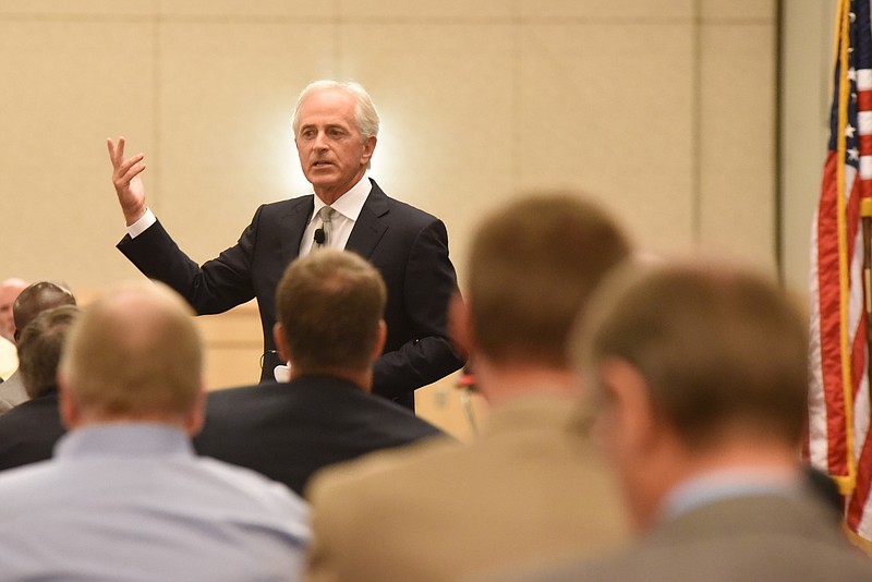 Staff file photo by Tim Barber - U.S. Sen. Bob Corker, R-Tenn., challenged President Donald Trump's "competence" and "stability" at the Rotary Club of Chattanooga last year at the Chattanooga Convention Center. Now Corker again is taking on Trump — this time over tariffs.