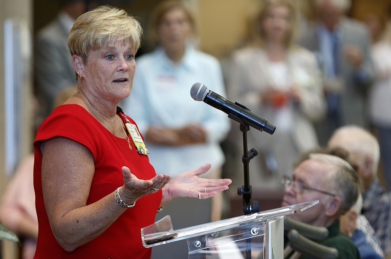 Vice President of Cardiac Services Diona Brown speaks during a transcatheter aortic valve replacement reunion at the Guerry Heart and Vascular Center in CHI Memorial Hospital on Tuesday, June 5, 2018 in Chattanooga, Tenn. The TAVR is a first of its kind procedure.