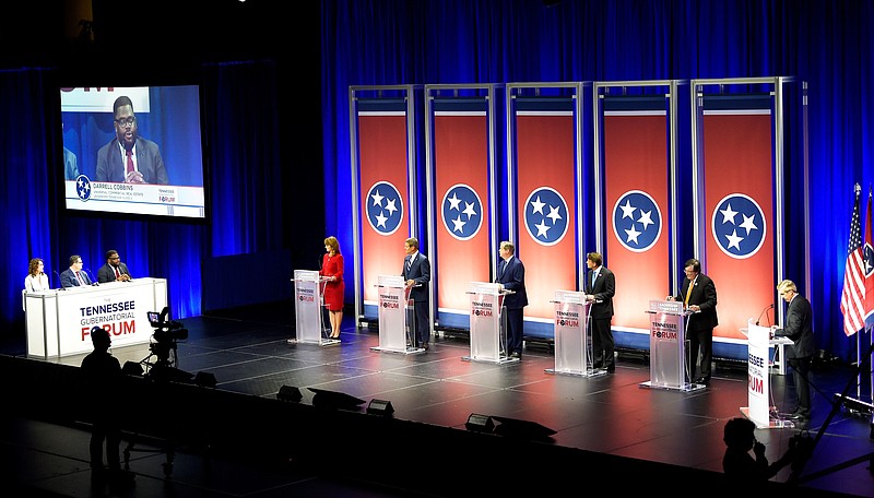 Gubernatorial candidates Beth Harwell, Bill Lee, Karl Dean, Randy Boyd and Craig Fitzhugh face the audience at the candidate forum at Lipscomb's Allen Arena Tuesday, May 15, 2018, in Nashville, Tenn. Leadership Tennessee is the presenting sponsor of the forum.