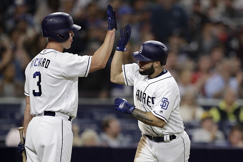 The San Diego Padres' Raffy Lopez, right, celebrates with teammate Clayton Richard (3) after hitting a home run during the fourth inning of a baseball game against the Atlanta Braves Monday, June 4, 2018, in San Diego. (AP Photo/Gregory Bull)