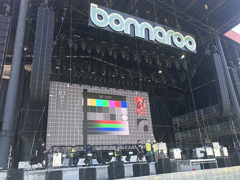 Workers put the finishing touches on the main What Stage at Bonnaroo on Wednesday.