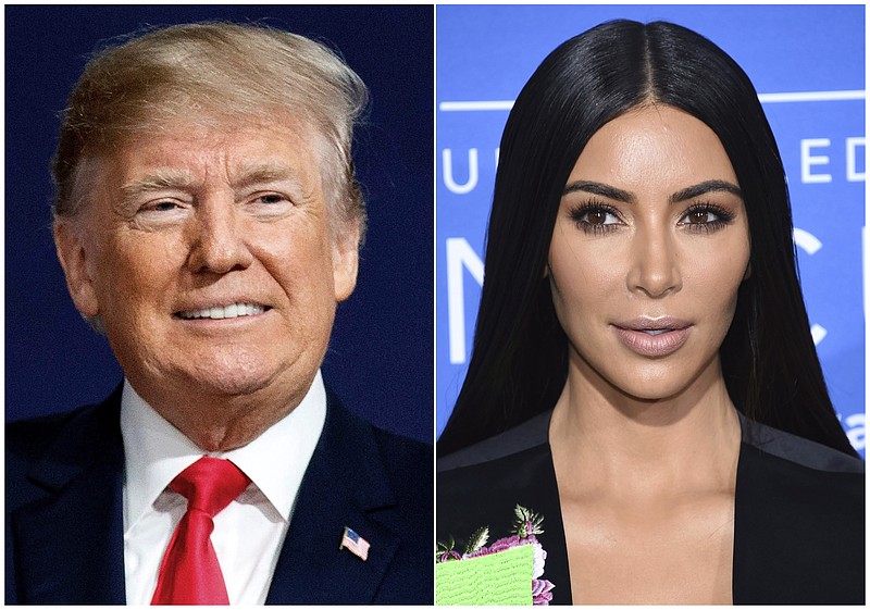 This combination photo shows President Donald Trump at a campaign rally in Moon Township, Pa., on March 10, 2018, left, and Kim Kardashian West at the NBCUniversal Network 2017 Upfront in New York on May 15, 2017. Kardashian West arrived at the White House for a meeting with presidential senior adviser Jared Kushner, the president's son-in-law. She has urged the president to pardon Alice Marie Johnson, who is serving a life sentence without parole for a nonviolent drug offense. (Photo by Evan Agostini/Invision/AP)