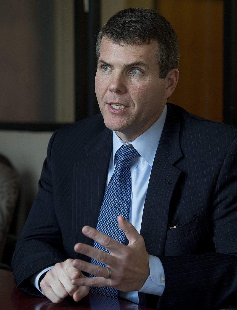 In this April 18, 2018, photo, Alabama Democratic gubernatorial candidate Walt Maddox speaks at the Montgomery Advertiser offices in Montgomery, Ala. (Mickey Welsh/The Montgomery Advertiser via AP)