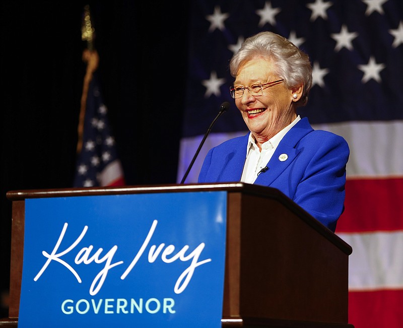 Alabama Gov. Kay Ivey speaks to supporters at her watch party after winning the Republican nomination for governor, at a hotel Tuesday, June 5, 2018, in Montgomery, Ala. (AP Photo/Butch Dill)