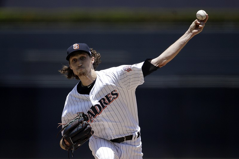 San Diego Padres starting pitcher Matt Strahm works against a Atlanta Braves batter during the first inning of a baseball game Wednesday, June 6, 2018, in San Diego. (AP Photo/Gregory Bull)