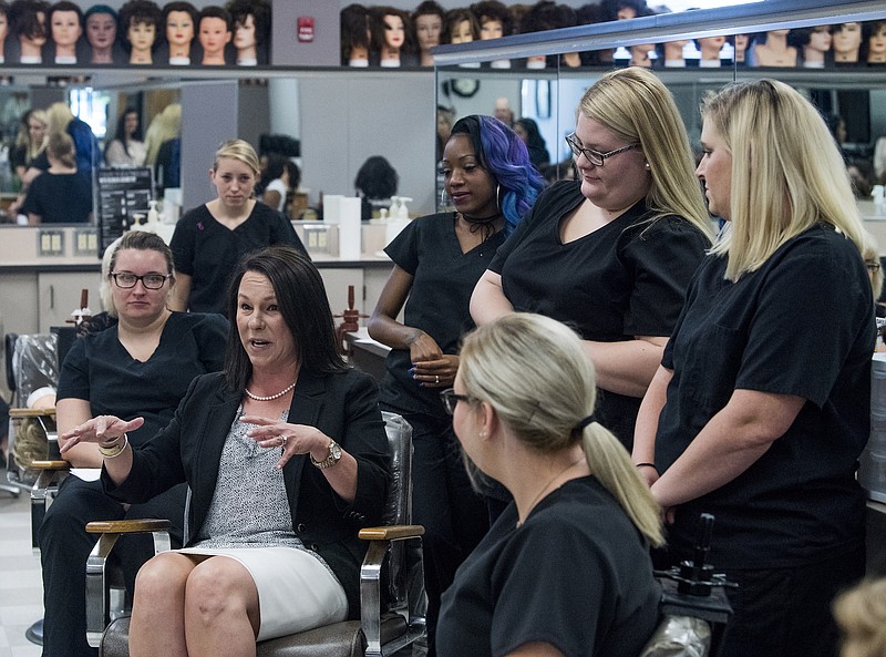 U.S. Representative Martha Roby talks with cosmetology students as she tours the Lurleen B. Wallace Community College MacArthur Campus in Opp, Ala. on Wednesday May 30, 2018, while campaigning for re-election in south Alabama. (Mickey Welsh /The Montgomery Advertiser via AP)