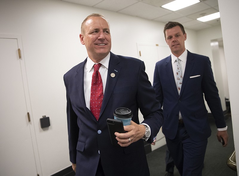 Rep. Jeff Denham, R-Calif., arrives for a closed-door GOP meeting in the basement of the Capitol as the Republican leadership tries to reach a policy agreement between conservatives and moderates on immigration, in Washington, Thursday, June 7, 2018. 