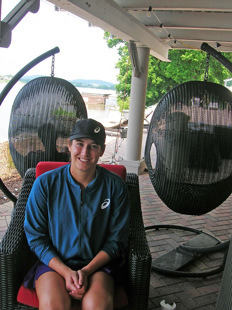 No. 1 Women's Open seed Hayley Carter relaxes at the Manker Patten Tennis Club before the third of her four matches Friday in the TVOC tournament.