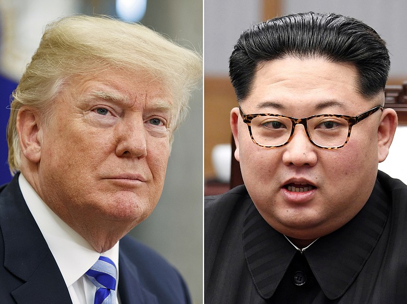 In this combination of file photos, U.S. President Donald Trump, left, in the Oval Office of the White House in Washington on May 16, 2018, and North Korean leader Kim Jong Un in a meeting with South Korean leader Moon Jae-in in Panmunjom, South Korea, on April 27, 2018.