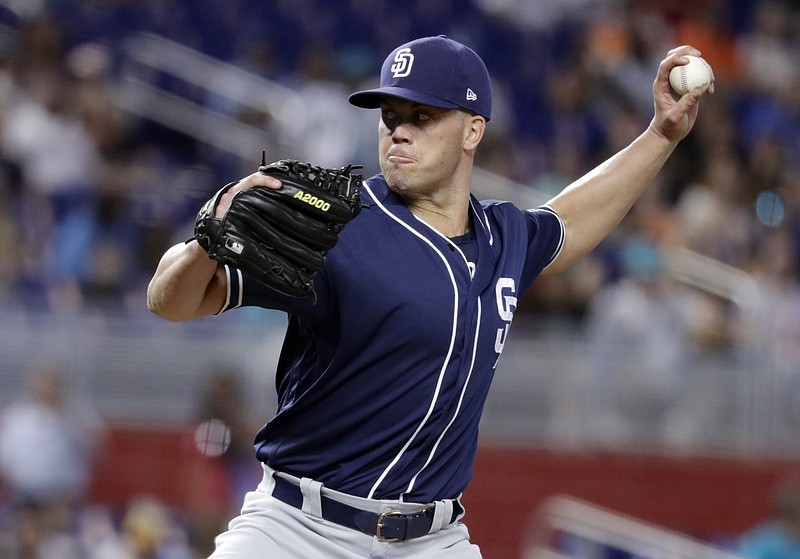 
              San Diego Padres starting pitcher Clayton Richard delivers during the first inning of a baseball game against the Miami Marlins, Sunday, June 10, 2018, in Miami. (AP Photo/Lynne Sladky)
            