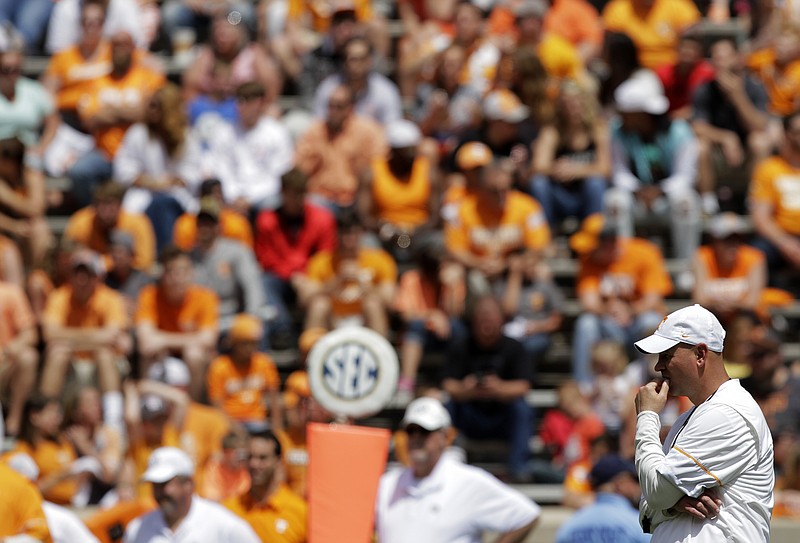 Tennessee football coach Jeremy Pruitt looks on during the Orange and White spring game at Neyland Stadium on April 21 in Knoxville.