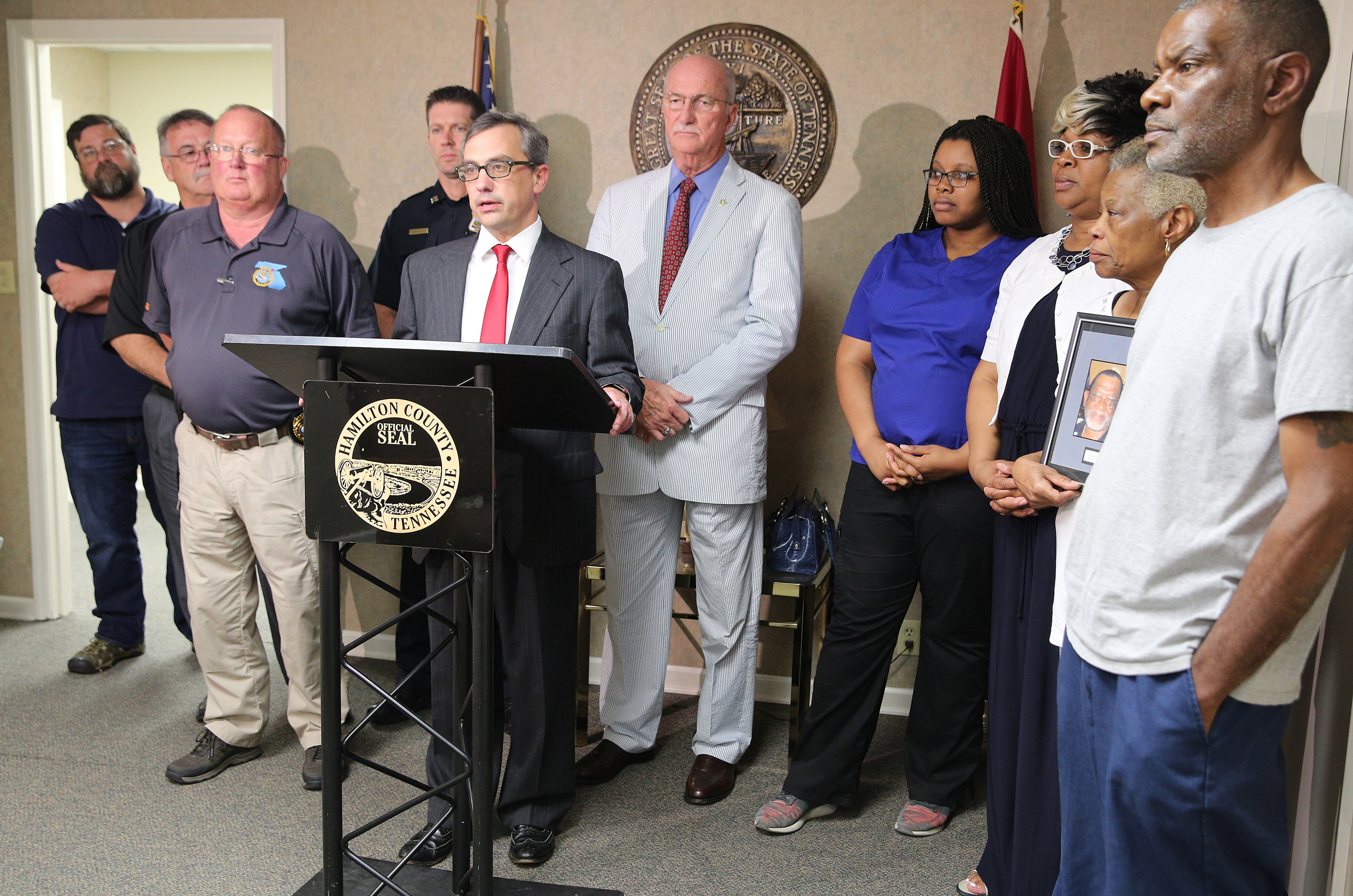 District Attorney General Neal Pinkston gives a statement about the 2009 murder of Franklin Augustus ҋookieӠBonner during a press conference at the Newell Towers Tuesday, June 12, 2018 in Chattanooga, Tennessee. Linda Bonner returned home from work Friday, January 16, 2009 to find her home ransacked and her husband murdered.