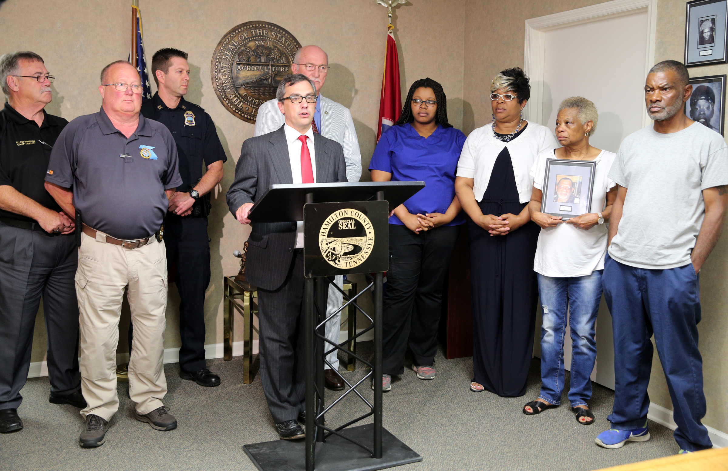 District Attorney General Neal Pinkston gives a statement about the 2009 murder of Franklin Augustus ҋookieӠBonner during a press conference at the Newell Towers Tuesday, June 12, 2018 in Chattanooga, Tennessee. Linda Bonner returned home from work Friday, January 16, 2009 to find her home ransacked and her husband murdered.
