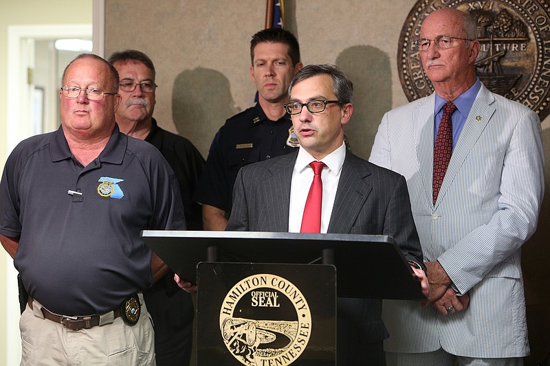 District Attorney General Neal Pinkston gives a statement about the 2009 murder of Franklin Augustus ҋookieӠBonner during a press conference at the Newell Towers Tuesday, June 12, 2018 in Chattanooga, Tennessee. This week the Hamilton County Grand Jury returned indictments of felony murder robbery and especially aggravated robbery against Mallory Aunte Vaughn in the 2009 homicide of Franklin Augustus ҋookieӠBonner.