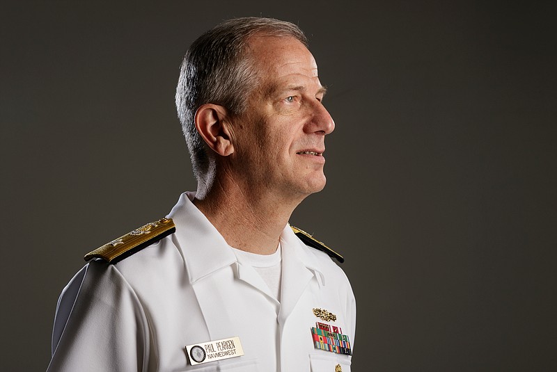 U.S. Navy Rear Adm. Paul Pearigen poses for a portrait in the Times Free Press studio on Tuesday, June 12, 2018, in Chattanooga, Tenn. Rear Adm. Pearigen, a Memphis native and University of the South graduate, earned his medical degree from Vanderbilt University in 1987.