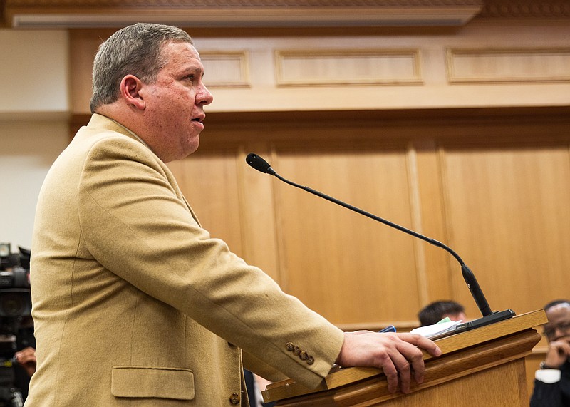 House Majority Leader Gerald McCormick, R-Chattanooga, presents Gov. Bill Haslam's anti-meth bill in the House Criminal Justice Committee on Wednesday, March 26, 2014. The panel advanced its bill that would carry lighter restrictions on cold and allergy medicines than the Senate version, setting up the prospect of a conference committee between the two chambers. (AP Photo/Erik Schelzig)