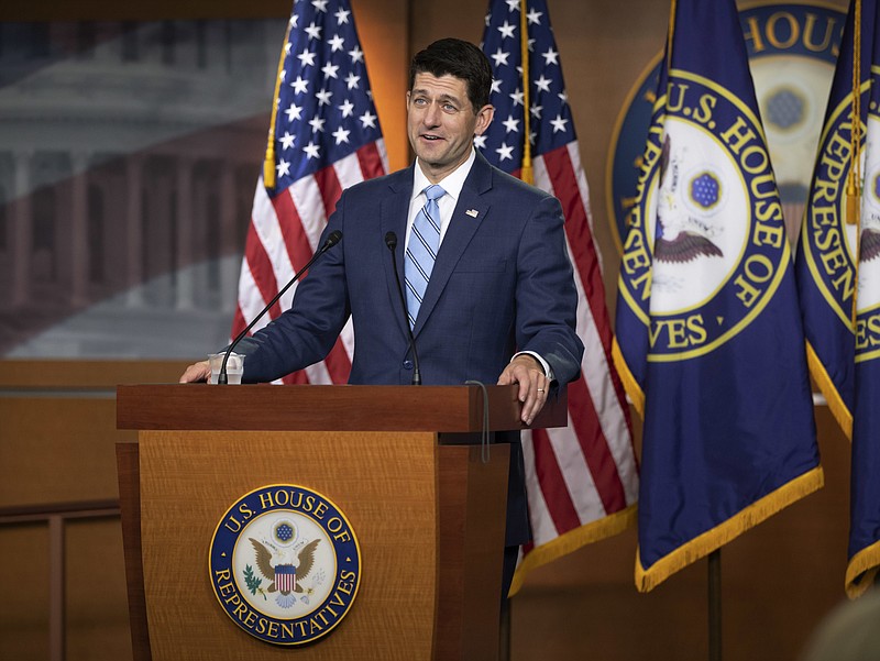 FILE - In this June 7, 2018, photo, Speaker of the House Paul Ryan, R-Wis., takes questions from reporters following a closed-door GOP meeting on immigration without reaching an agreement between conservatives and moderates, on Capitol Hill in Washington.