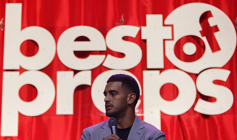 Tennessee Titans quarterback Marcus Mariota speaks during the Best of Preps banquet at the Chattanooga Convention Center on Thursday, June 14, 2018 in Chattanooga, Tenn.