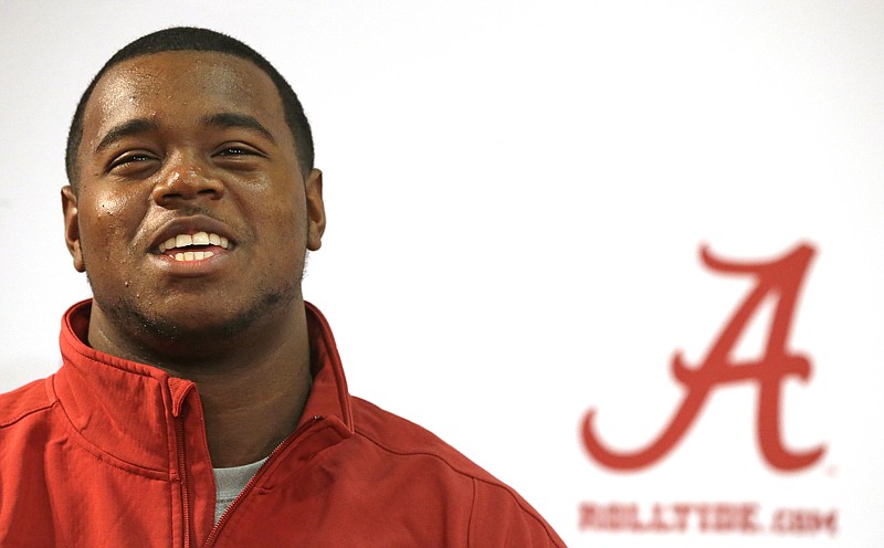 Alabama freshman offensive lineman Brandon Kennedy speaks to the media during an NCAA college football national signing day press conference, Wednesday, Feb. 4, 2015, in Tuscaloosa, Ala. (AP Photo/Brynn Anderson)

