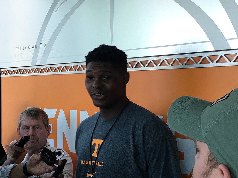 Tennessee freshman power forward D.J. Burns talks to reporters on Thursday, June 14, 2018, inside the team's practice facility.
