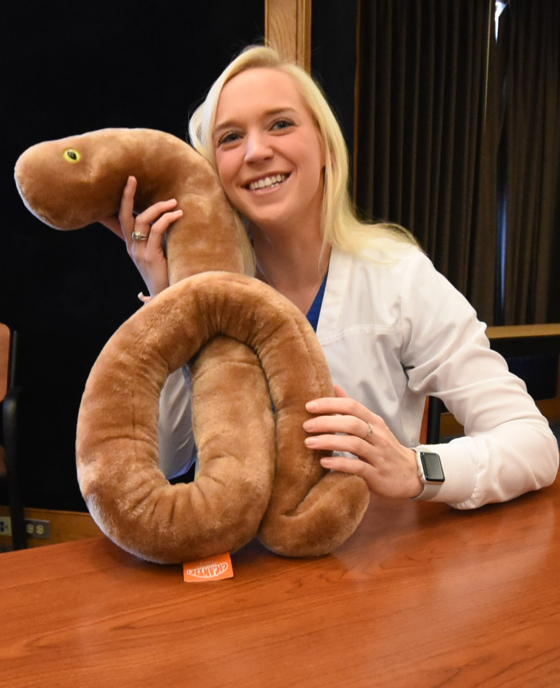 Suzanne Hornsby, team lead for special pathogens at Erlanger, cuddles a stuffed Ebola virus toy while talking about the team of 24 volunteers, including critical care nurses, who would treat an unidentified infectious outbreak at the hospital.