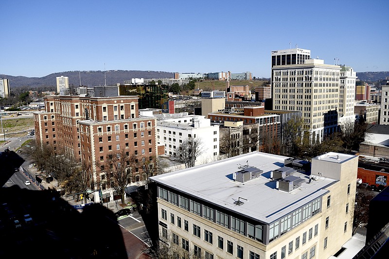 A view of downtown Chattanooga is seen from the tower atop the EPB building at the corner of Martin Luther King Boulevard and Market Street.