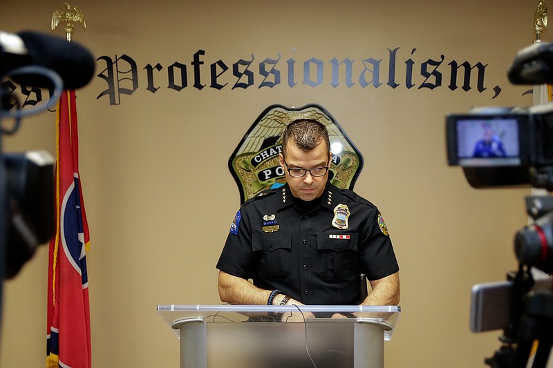 Staff photo by Doug Strickland / 
Chattanooga Police Department Chief David Roddy gives a statement about sexual assault allegations against a Chattanooga police officer during a news conference at the Amnicola Highway Police Services Center on Saturday, June 16, 2018, in Chattanooga, Tenn. The officer is on paid administrative leave as the incident is investigated criminally by the Hamilton County Sheriff's Office and internally by the CPD.