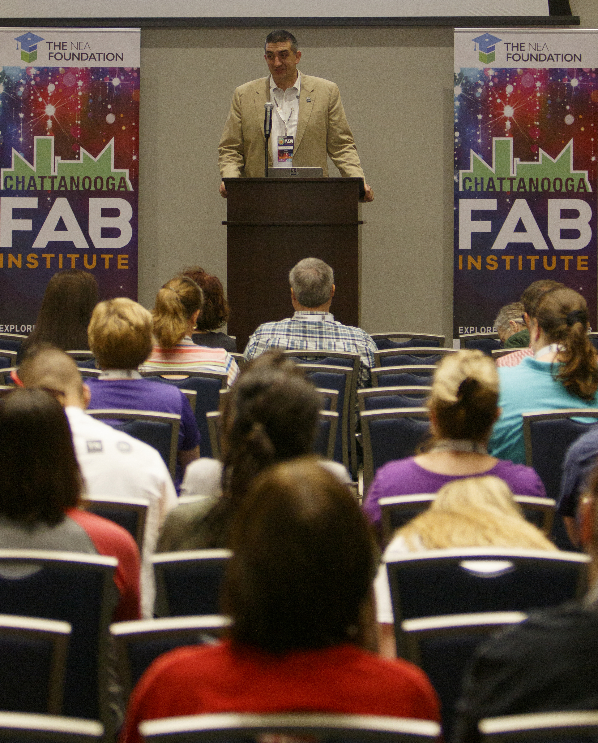 PEF Chattanooga STEM Director of Innovative Learning Michael Stone welcomes everyone during the kickoff for the Chattanooga Fabrication Institute at the University Center on the campus of the University of Tennessee at Chattanooga on Monday, June 18, 2018 in Chattanooga, Tenn.
