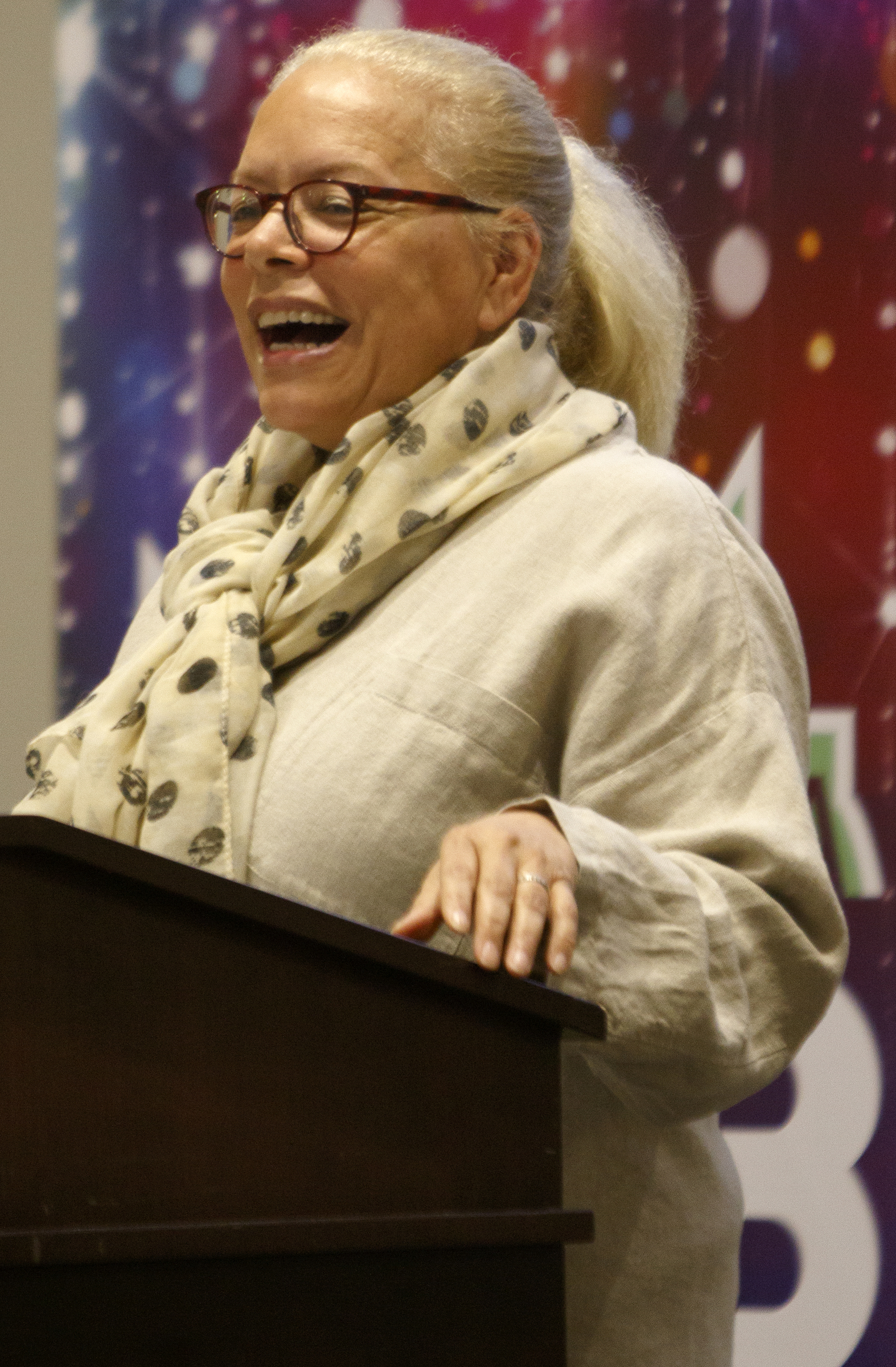 NEA Foundation President and CEO Harriet Sanford laughs while speaking during the kickoff for the Chattanooga Fabrication Institute at the University Center on the campus of the University of Tennessee at Chattanooga on Monday, June 18, 2018 in Chattanooga, Tenn.