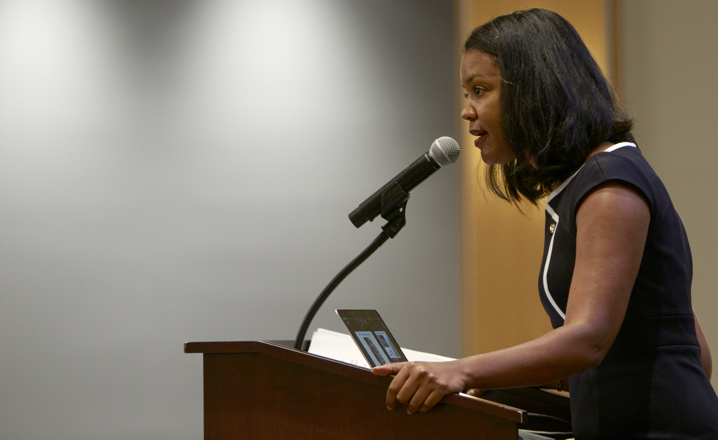 Keynote speaker Stephanie Espy, author of "STEM Gems," speaks during the kickoff for the Chattanooga Fabrication Institute at the University Center on the campus of the University of Tennessee at Chattanooga on Monday, June 18, 2018 in Chattanooga, Tenn.