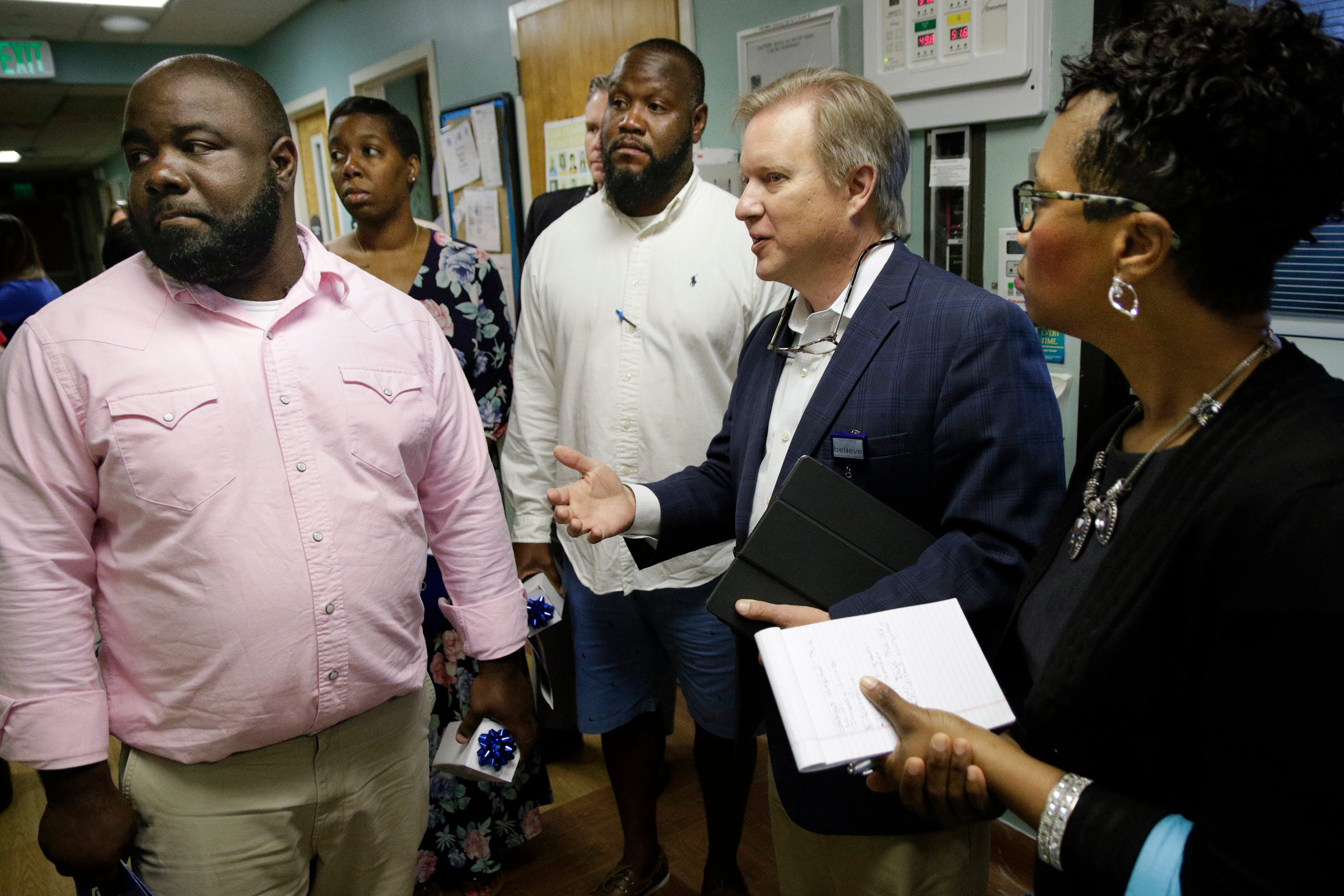 Erlanger Children's Hospital CEO Don Mueller, center right, talks about the children's ICU with Howard educators James Talley, Lakesha Thompson, Henry Oston, and Leandrea Ware, from left, during a tour at Erlanger Hospital on Wednesday, June 13, 2018, in Chattanooga, Tenn. Teachers from Howard and other schools which will launch Future Ready Institutes in the fall spent the week participating in externships at business partners across the region.