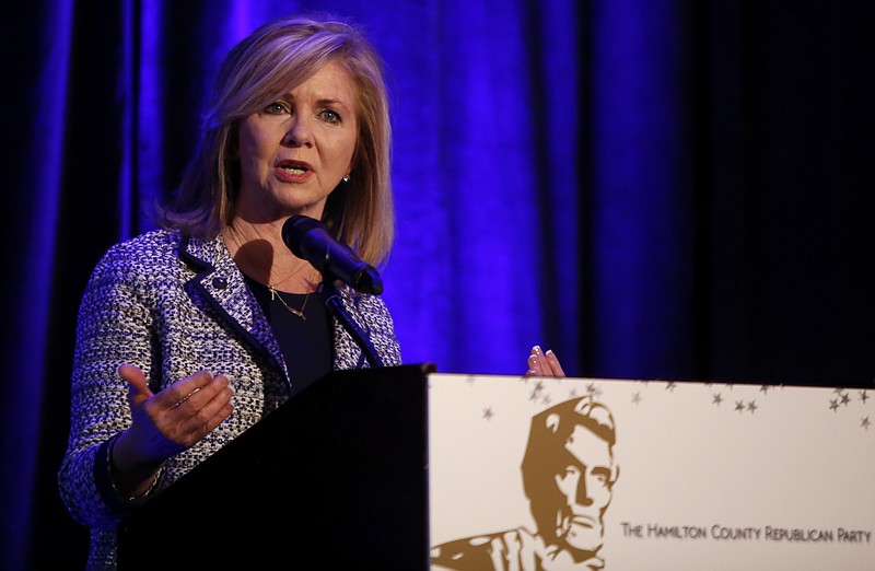 United States Senate candidate Marsha Blackburn speaks during the Hamilton County Republican Party's annual Lincoln Day Dinner at The Chattanoogan on Friday, April 27, 2018 in Chattanooga, Tenn.